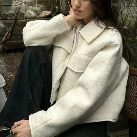 Beige Casual Women's Solid Color Woolen Jacket Top - Picture 3 of 8